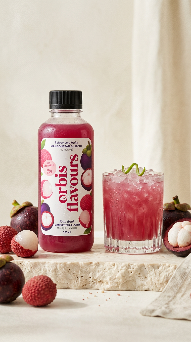 Bouteille Mangoustan & Litchi sur pierre ivoire, verre glacé et litchis frais