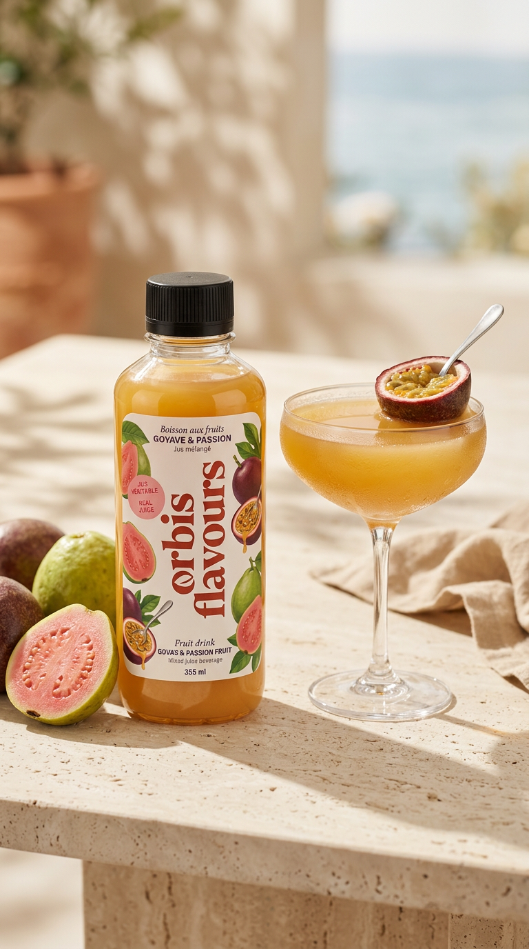 Bouteille Goyave & Passion sur terrasse de pierre, coupe et fruits de la passion
